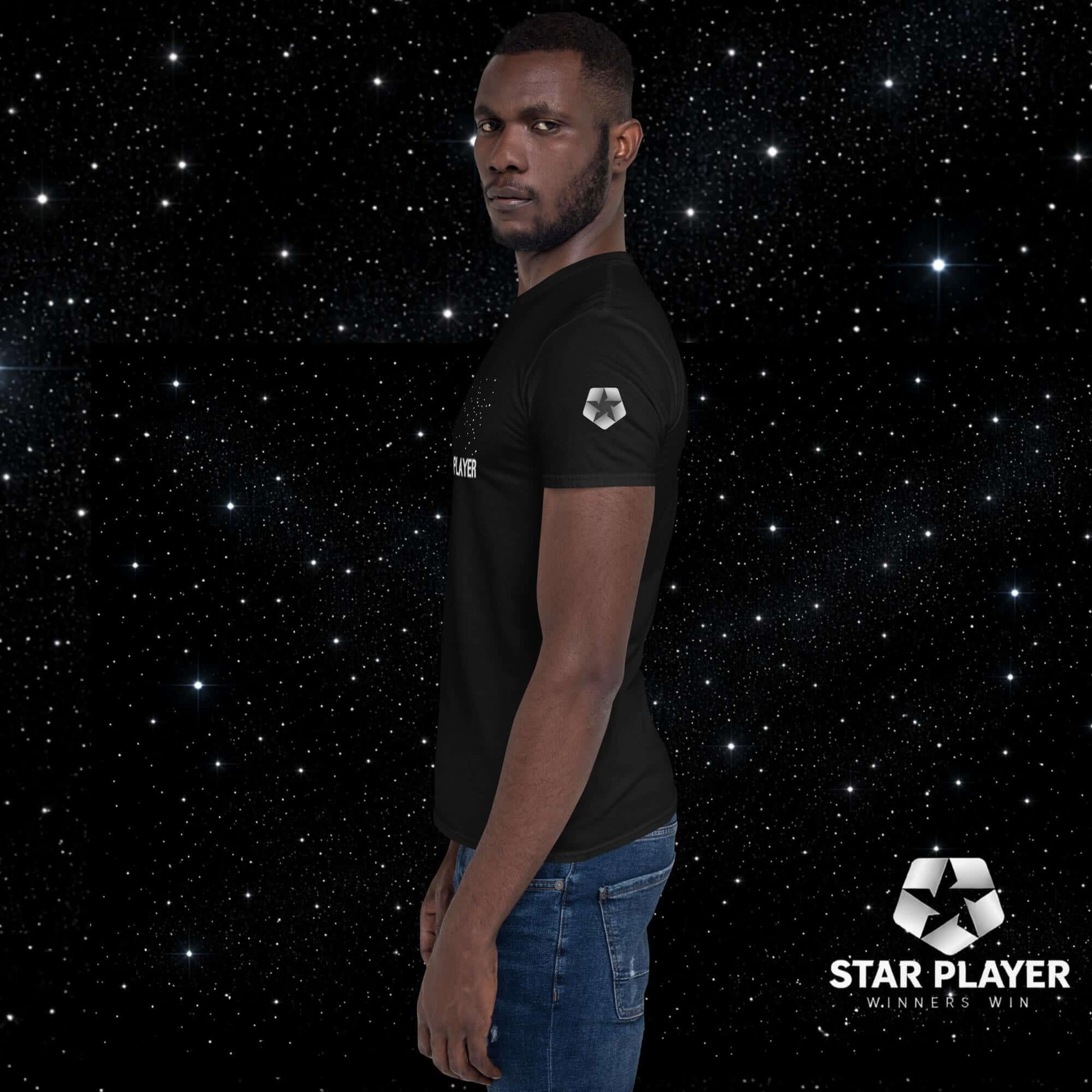 Model wearing StarPlayer Space Tee in a starry background, showcasing the soft and durable cotton fabric.