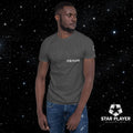 Man wearing a StarPlayer Space Tee in sport grey, featuring the STAR PLAYER logo against a starry background.