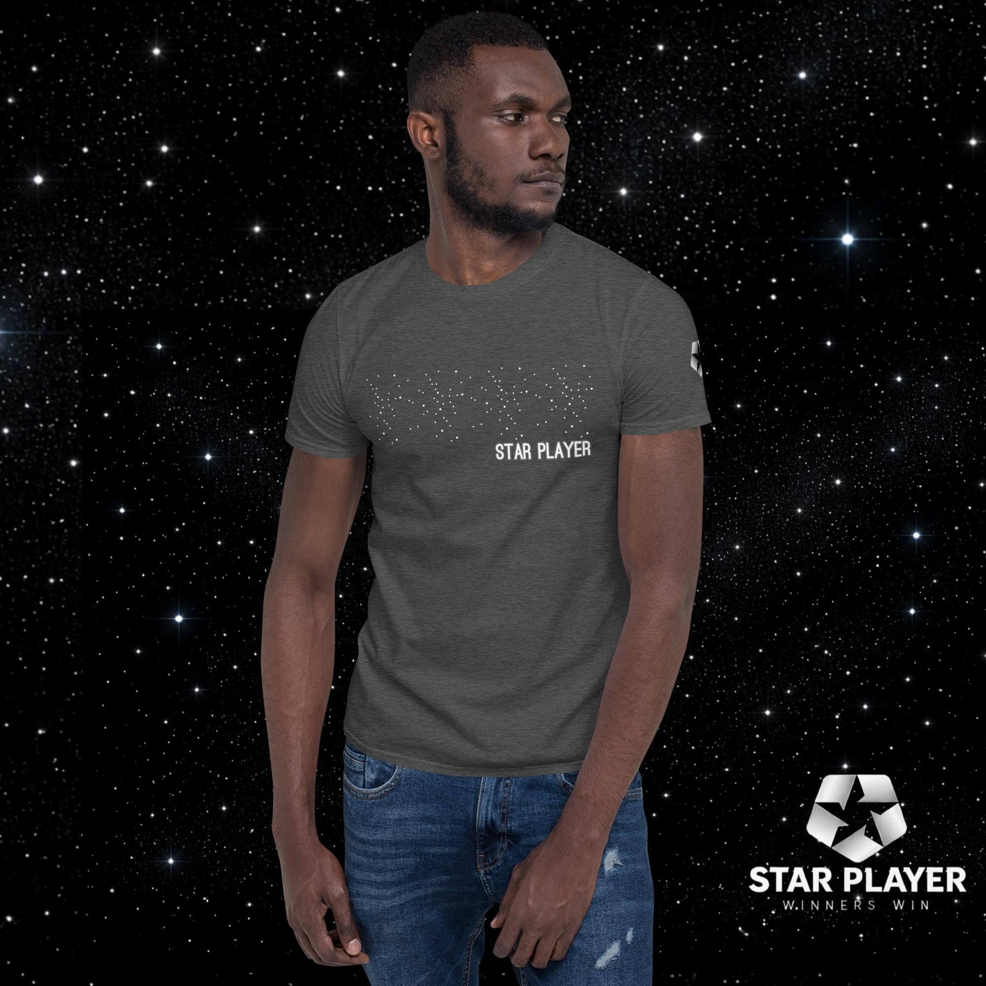 Man wearing a StarPlayer Space Tee in sport grey, featuring the STAR PLAYER logo against a starry background.