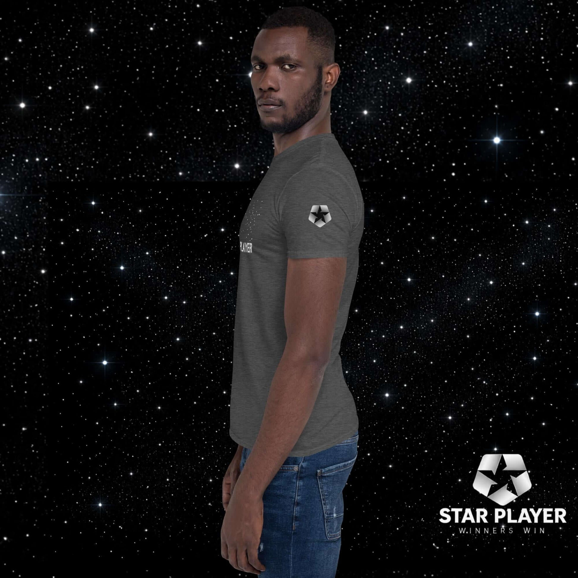 Model wearing the StarPlayer Space Tee in a cosmic background, showcasing its comfort and style.