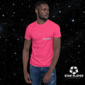 Model wearing the StarPlayer Space Tee in pink against a starry space background.