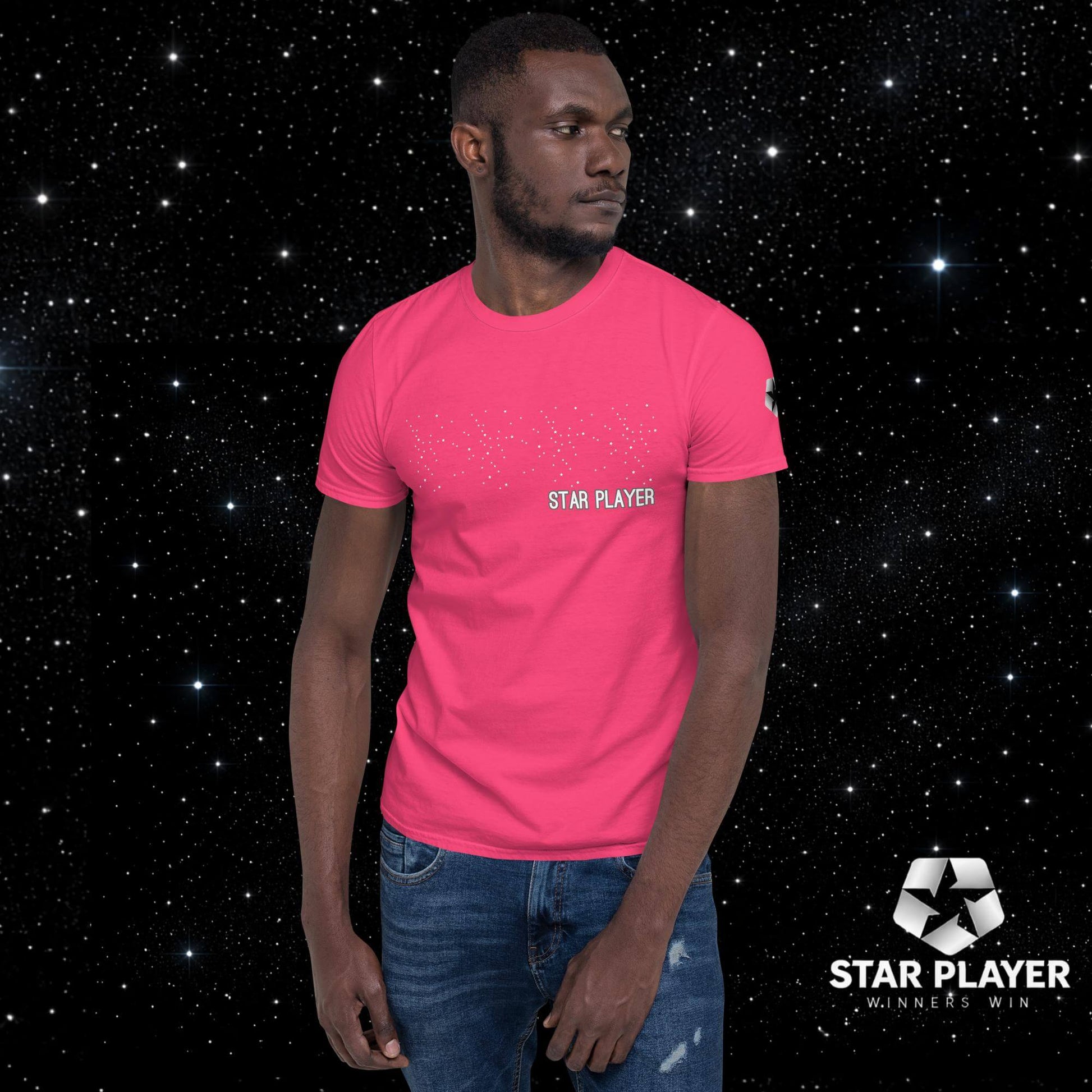 Model wearing the StarPlayer Space Tee in pink against a starry space background.