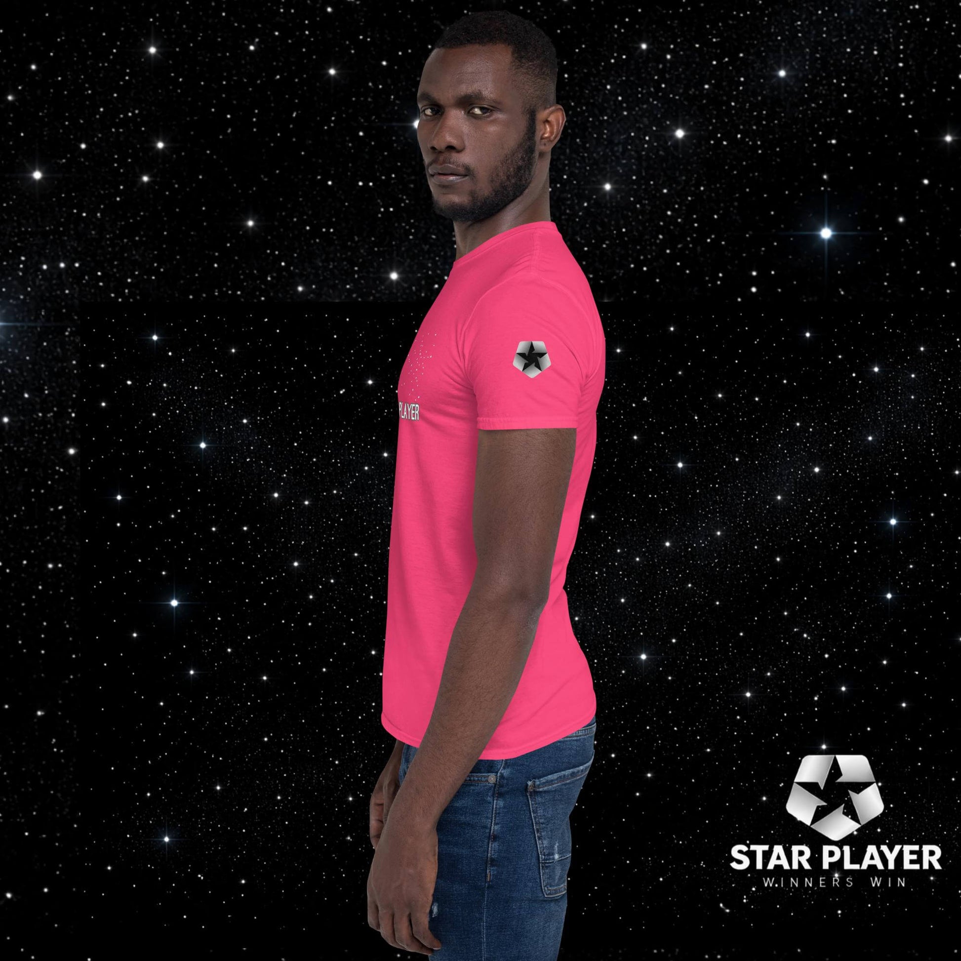 StarPlayer Space Tee in pink, showcasing a stylish design against a starry background, made of soft cotton cloth.
