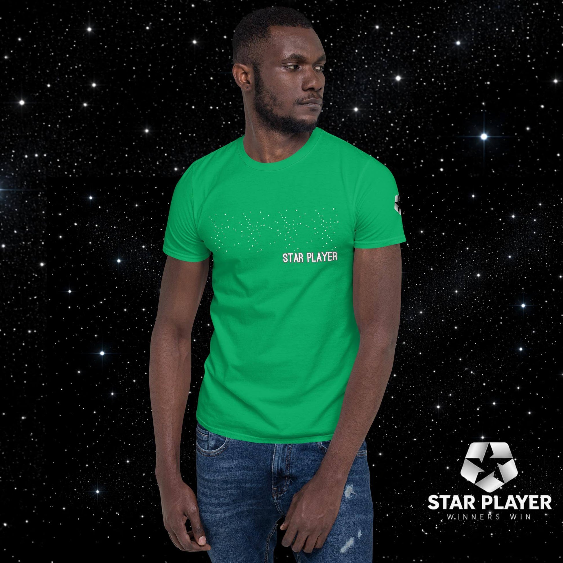 Model wearing a vibrant green StarPlayer Space Tee against a starry background, showcasing comfort and style.