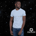 Man wearing StarPlayer Space Tee t-shirt in a starry background, showcasing the comfortable cotton fabric.