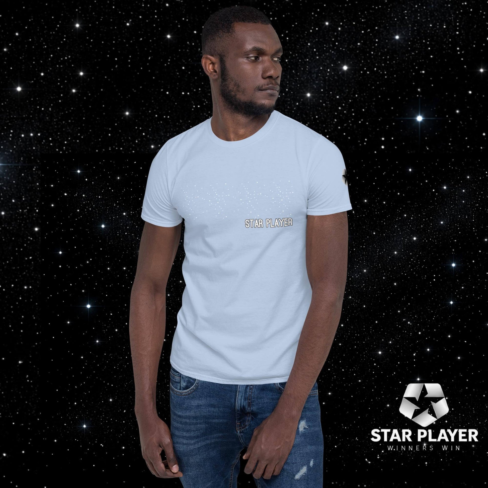 Man wearing StarPlayer Space Tee t-shirt in a starry background, showcasing the comfortable cotton fabric.