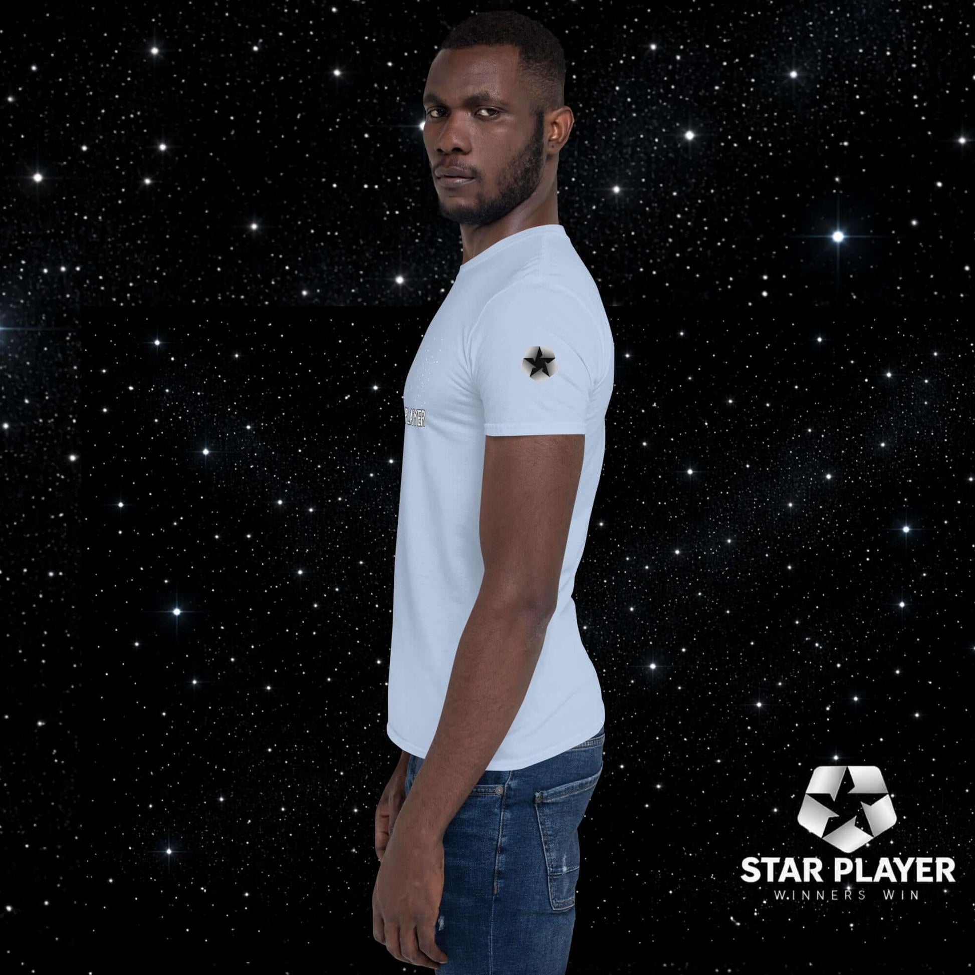 Model wearing a StarPlayer Space Tee against a starry background, showcasing its soft cloth and stylish design.