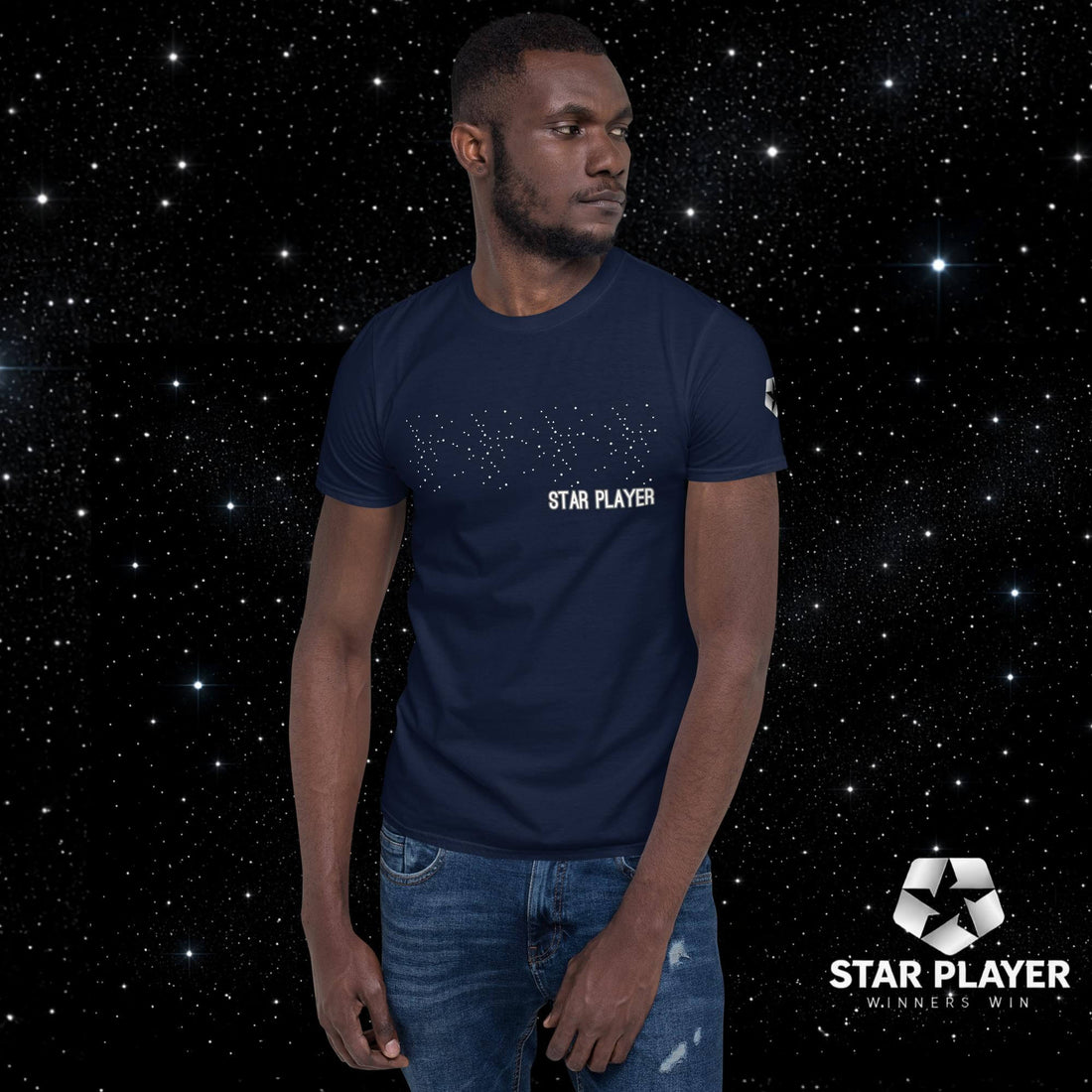 A model wearing the StarPlayer Space Tee against a starry background, showcasing its style and comfort.