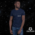 A model wearing the StarPlayer Space Tee against a starry background, showcasing its style and comfort.