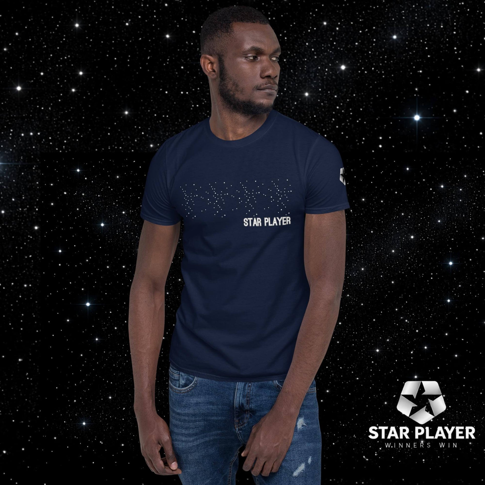 A model wearing the StarPlayer Space Tee against a starry background, showcasing its style and comfort.
