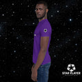Model wearing a purple StarPlayer Space Tee in a cosmic background, showcasing the comfortable, durable cloth design.