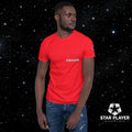 Model wearing the StarPlayer Space Tee in red, showcasing its stylish design and comfy fit against a starry background.