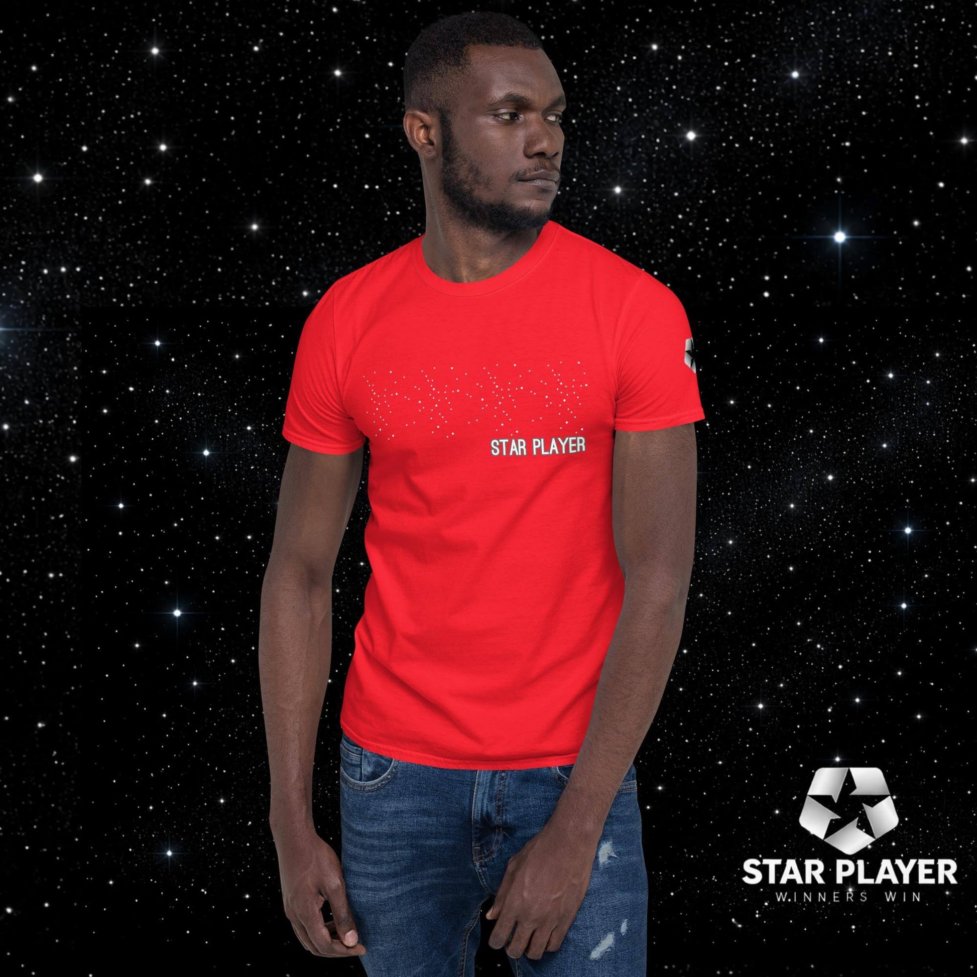 Model wearing the StarPlayer Space Tee in red, showcasing its stylish design and comfy fit against a starry background.