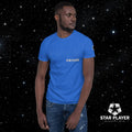 Man wearing the StarPlayer Space Tee in blue with a starry background, showcasing a comfortable cloth t-shirt.