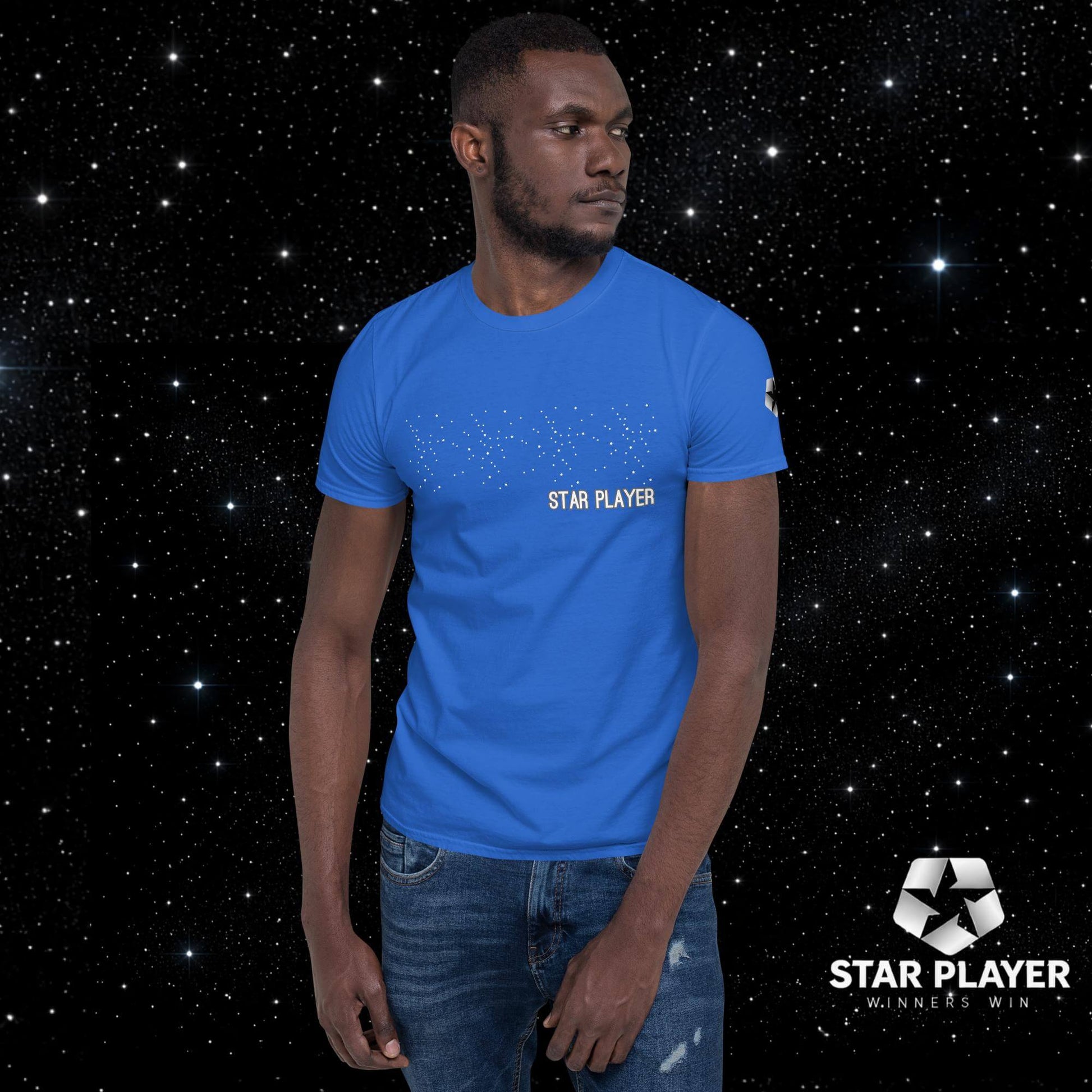 Man wearing the StarPlayer Space Tee in blue with a starry background, showcasing a comfortable cloth t-shirt.