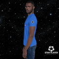 StarPlayer Space Tee modeled by a man against a starry background, showcasing the vibrant blue color and comfortable fit.